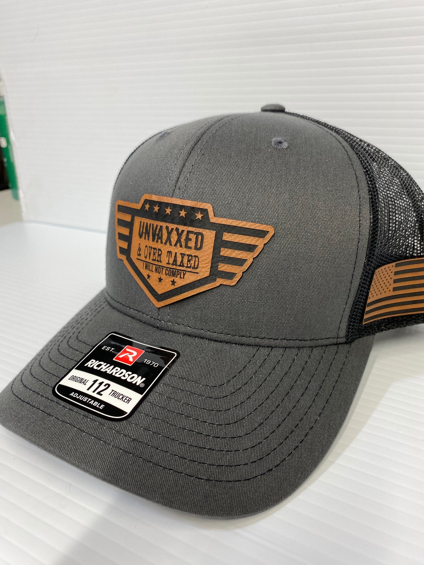 UNVAXXED & Over Taxed Richardson 112 Trucker Hat with Leatherette Patch
