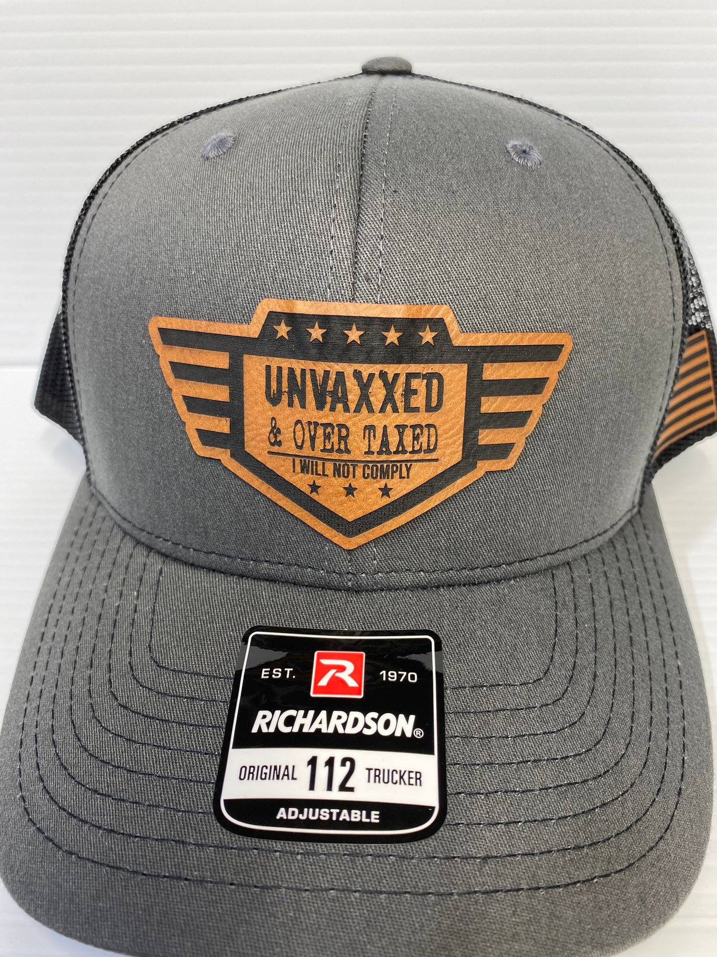 UNVAXXED & Over Taxed ™ Richardson 112 Hat, leatherette patch - Logo Hats, Laser Engraved Leather Patch, Richardson 112 Hat - UNVAXXED