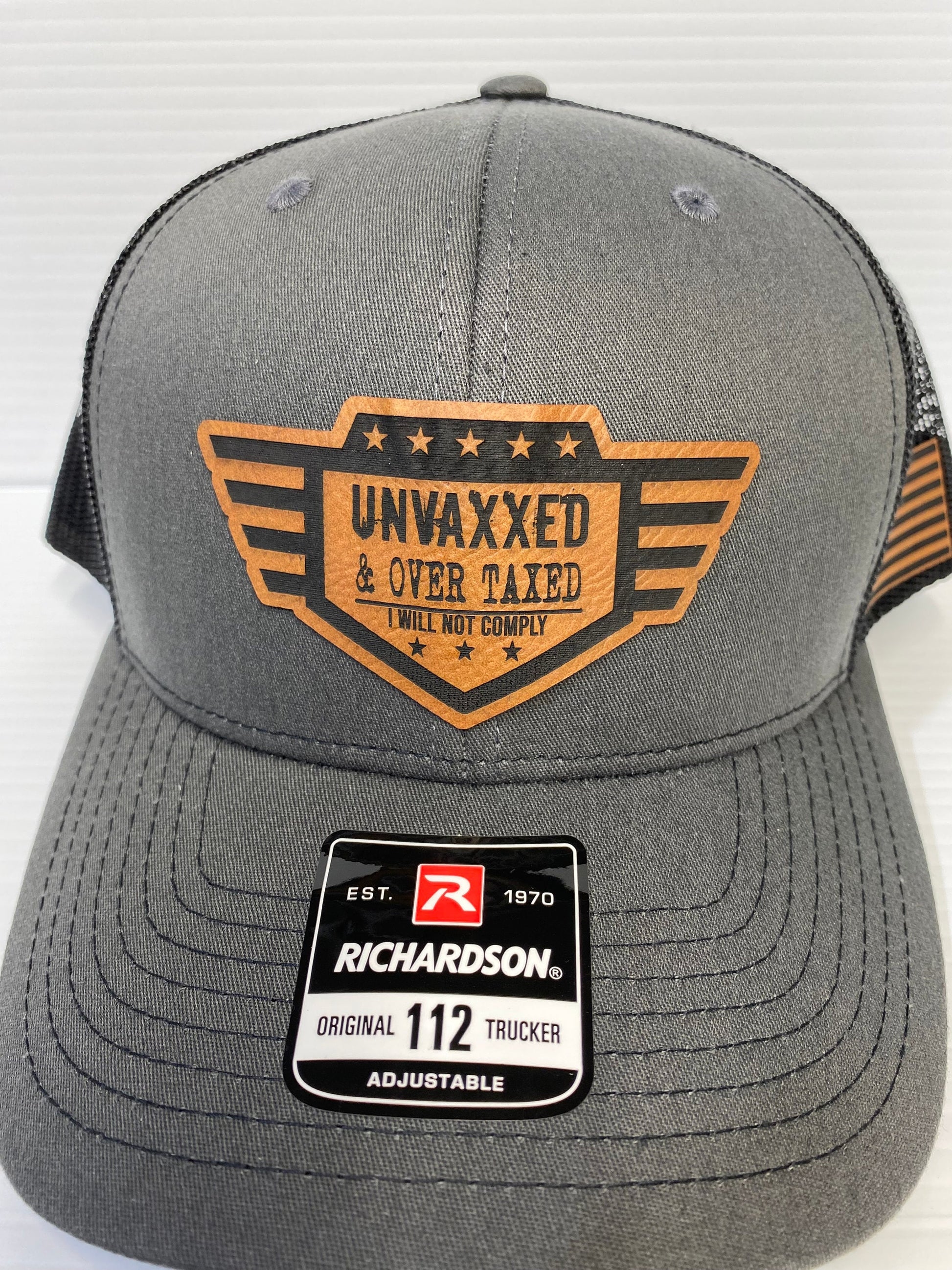 UNVAXXED & Over Taxed ™ Richardson 112 Hat, leatherette patch - Logo Hats, Laser Engraved Leather Patch, Richardson 112 Hat - UNVAXXED