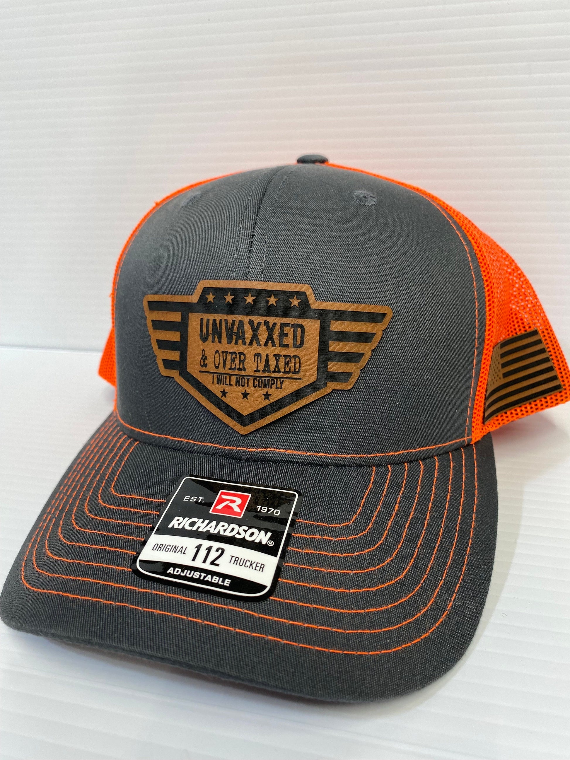 UNVAXXED & Over Taxed ™ Richardson 112 Hat, leatherette patch - Logo Hats, Laser Engraved Leather Patch, Richardson 112 Hat - UNVAXXED