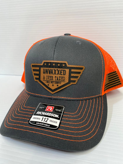 UNVAXXED & Over Taxed ™ Richardson 112 Hat, leatherette patch - Logo Hats, Laser Engraved Leather Patch, Richardson 112 Hat - UNVAXXED