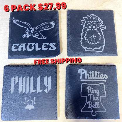 Philadelphia Sports - 6 Pack Slate Coasters - Phillies, Philadelphia Eagles, Phanatic