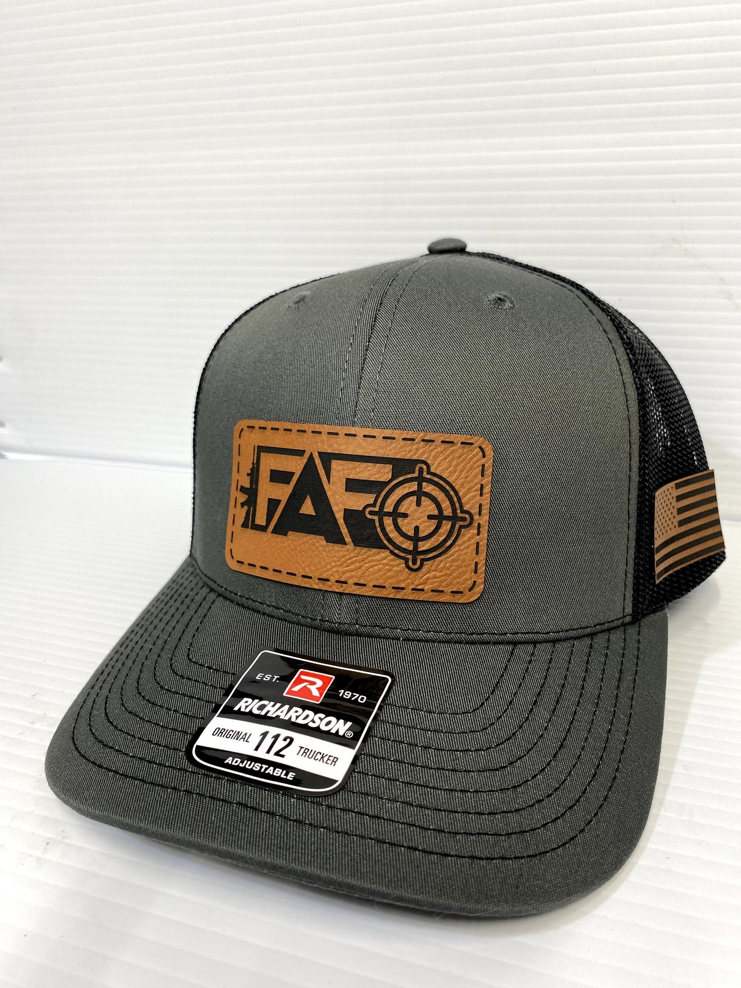 FAFO Leather Patch Hat: Richardson 112 Charcoal/Black Trucker