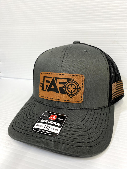 FAFO Leather Patch Hat: Richardson 112 Charcoal/Black Trucker