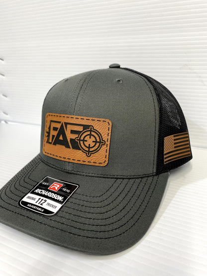 FAFO Leather Patch Hat: Richardson 112 Charcoal/Black Trucker