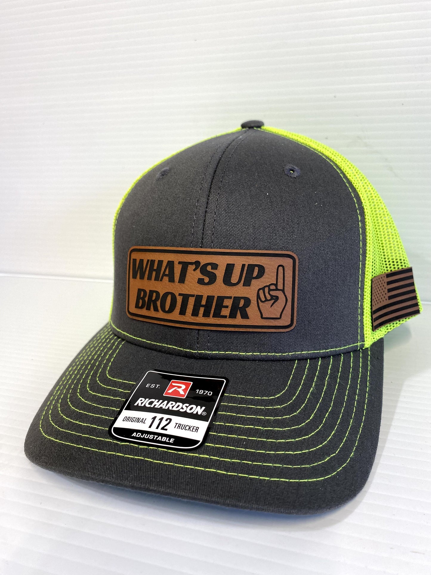 What's Up Brother Trucker Hat: Leather Patch Richardson 112