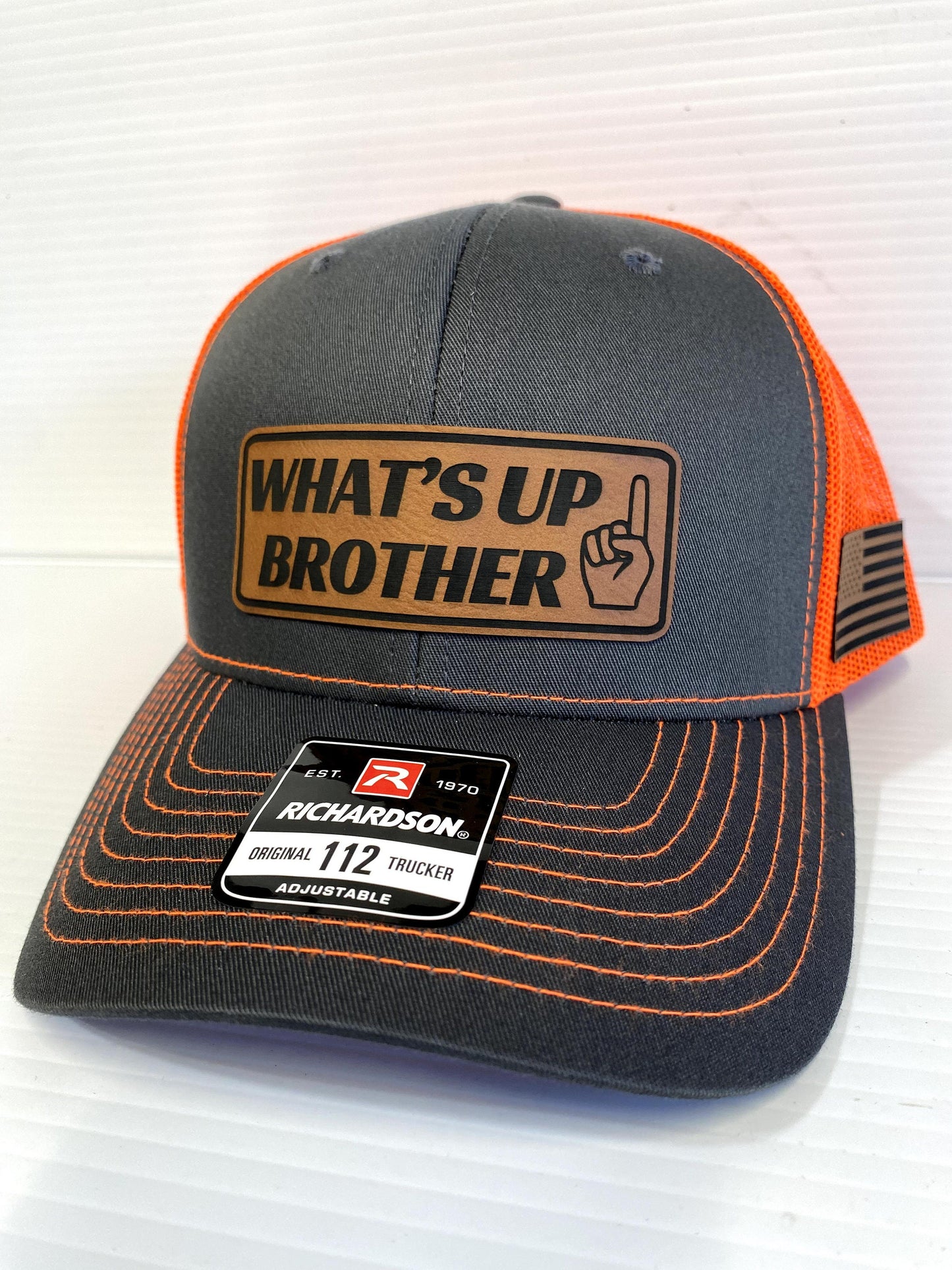 What's Up Brother Trucker Hat: Leather Patch Richardson 112