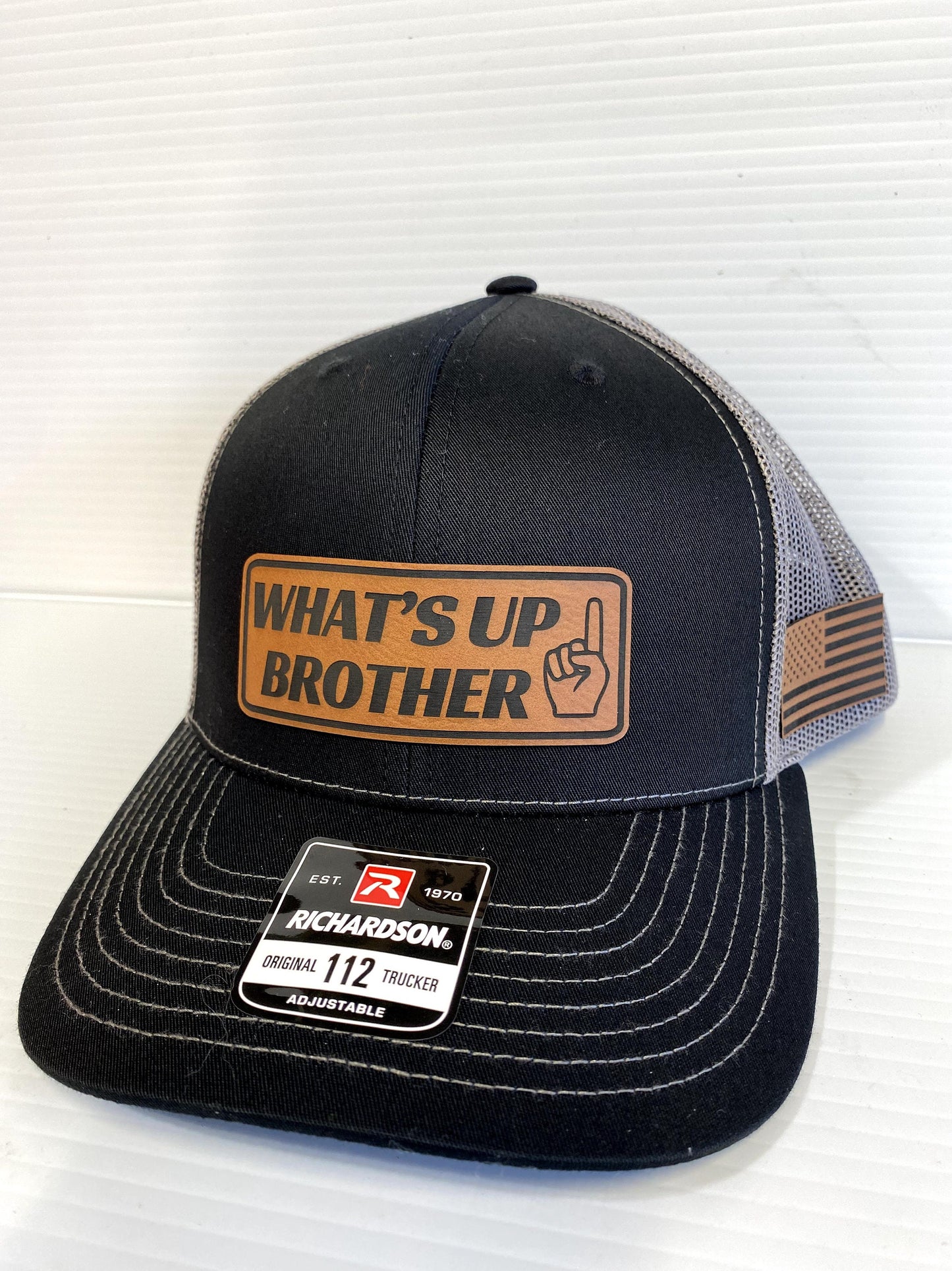 What's Up Brother Trucker Hat: Leather Patch Richardson 112