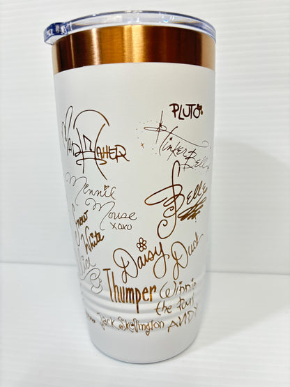 Castle and Characters Signature 20 oz Rose Gold Cup Tumbler with Handle, Disney Characters 20 oz Cup Tumbler, Laser Engrave Signature Cup