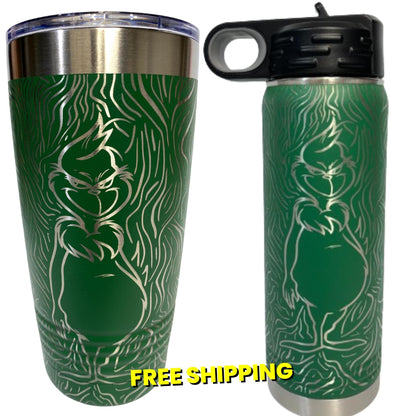 Merry Grinchmas Full Wrap engraved on 20oz Green Tumbler & Water Bottle Christmas, Grinchmas, Fun Cups.