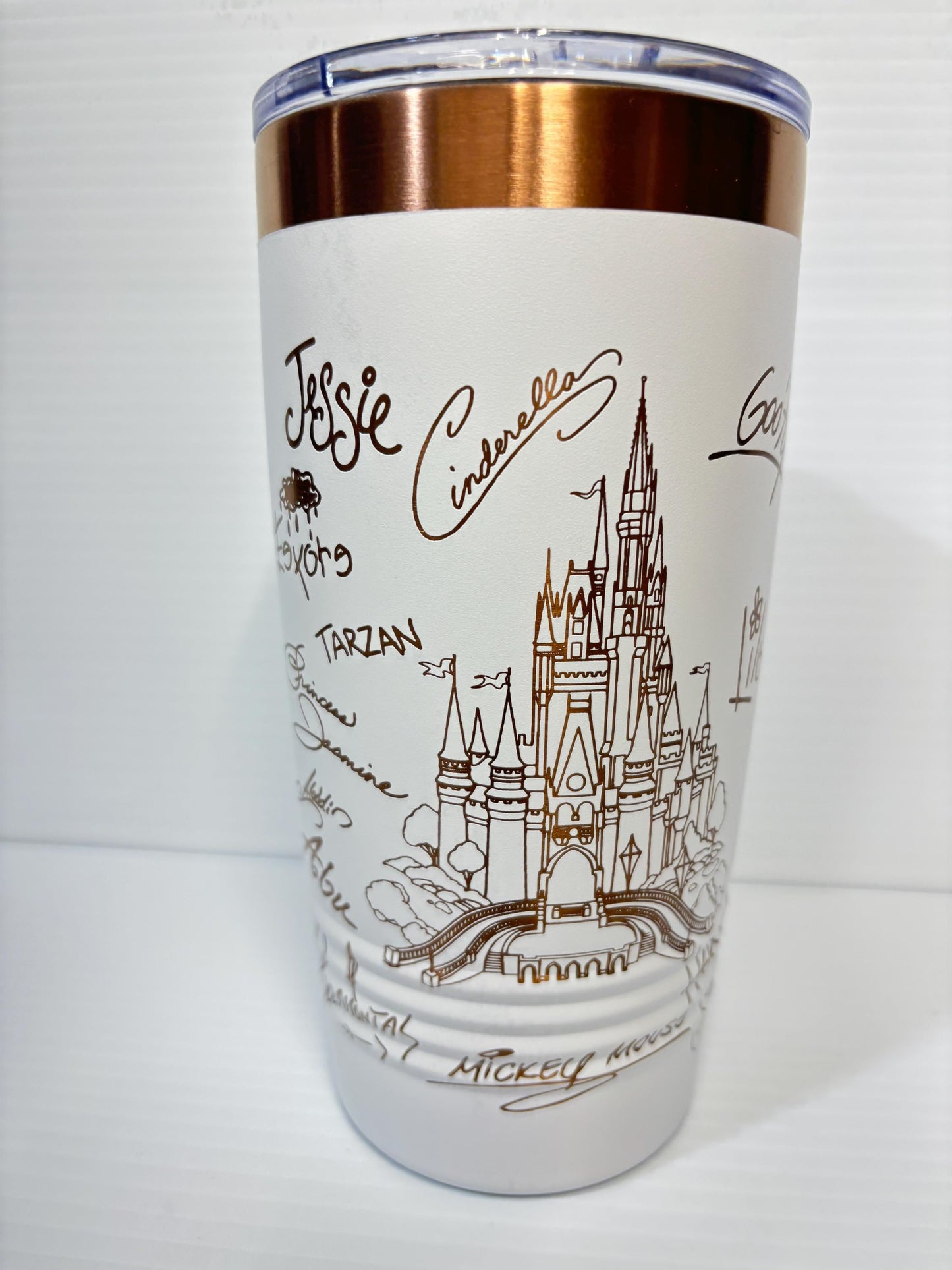 Castle and Characters Signature 20 oz Rose Gold Cup Tumbler with Handle, Disney Characters 20 oz Cup Tumbler, Laser Engrave Signature Cup