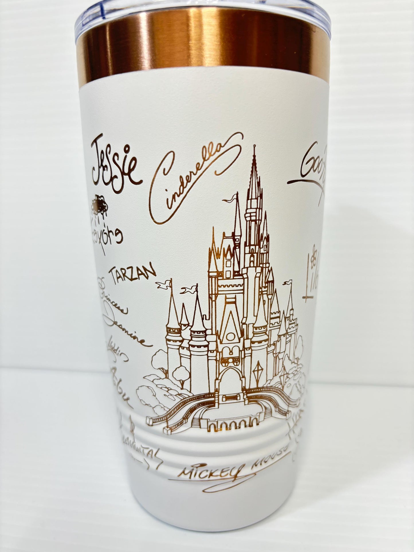 Castle and Characters Signature 20 oz Rose Gold Cup Tumbler with Handle, Disney Characters 20 oz Cup Tumbler, Laser Engrave Signature Cup