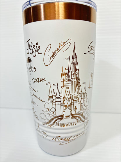 Castle and Characters Signature 20 oz Rose Gold Cup Tumbler with Handle, Disney Characters 20 oz Cup Tumbler, Laser Engrave Signature Cup