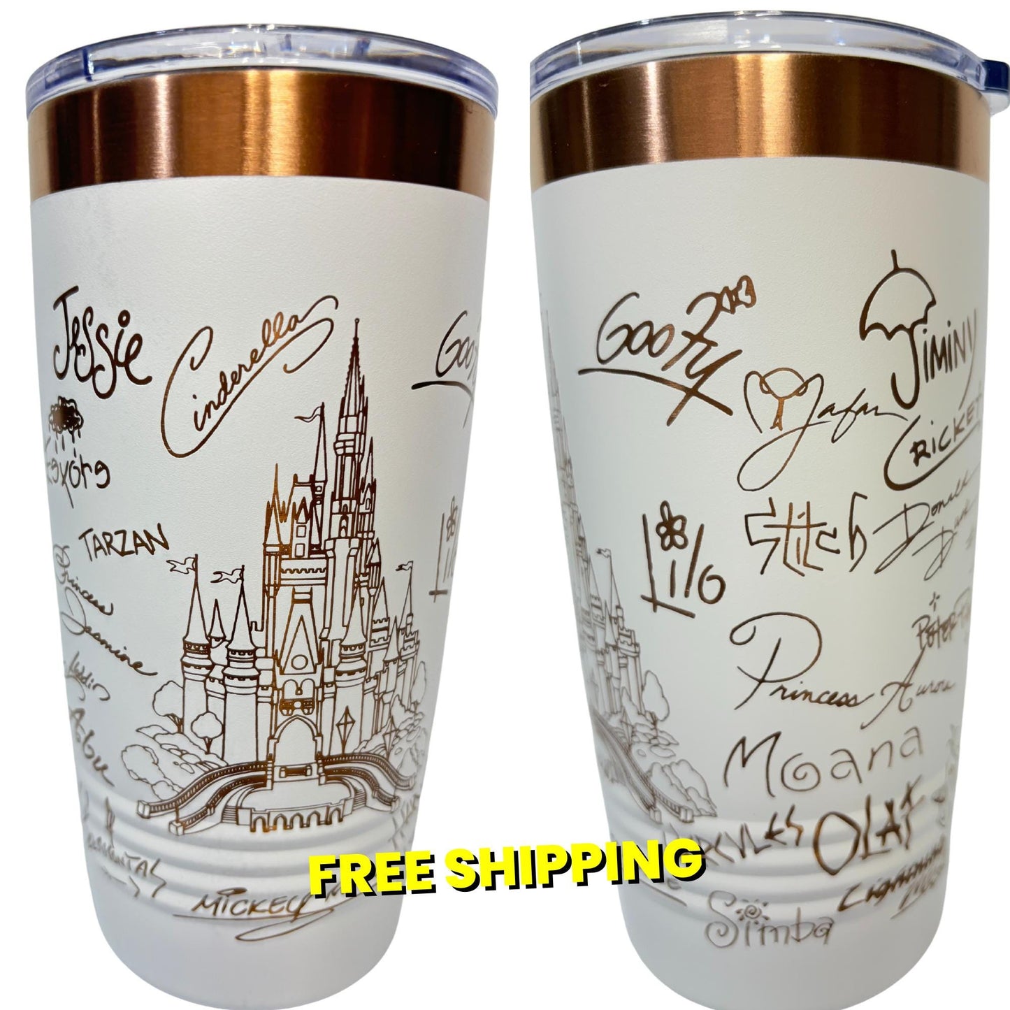 Castle and Characters Signature 20 oz Rose Gold Cup Tumbler with Handle, Disney Characters 20 oz Cup Tumbler, Laser Engrave Signature Cup