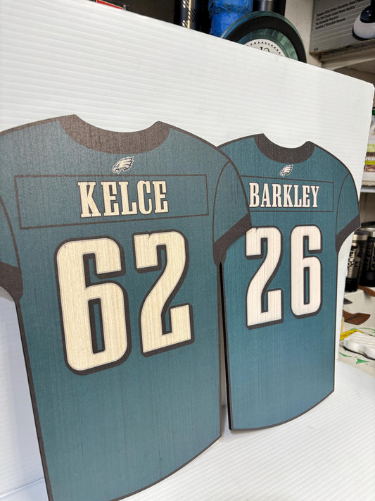 Eagles Super Bowl Win Wood Jersey Print: Kelce & Barkley