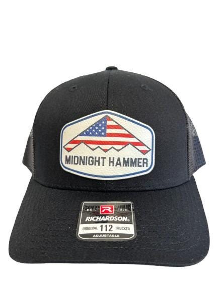 Midnight Hammer B-2 Stealth Jet Hat: Patriotic USA Flag Leather Patch Trucker