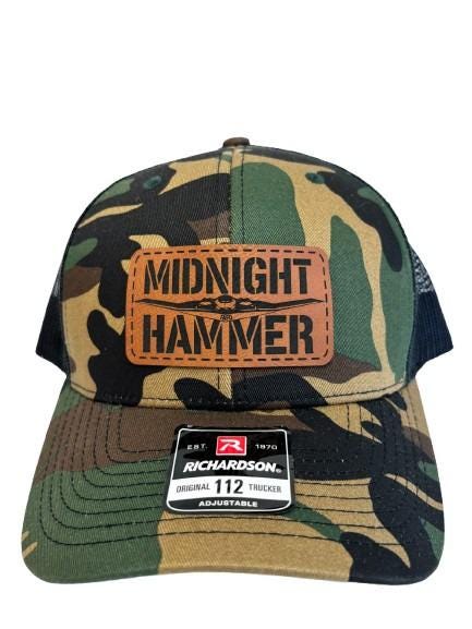 Midnight Hammer B-2 Stealth Jet Hat: Patriotic USA Flag Leather Patch Trucker