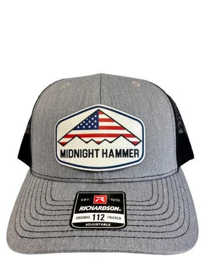 Midnight Hammer B-2 Stealth Jet Hat: Patriotic USA Flag Leather Patch Trucker