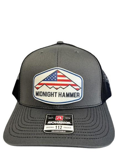 Midnight Hammer B-2 Stealth Jet Hat: Patriotic USA Flag Leather Patch Trucker