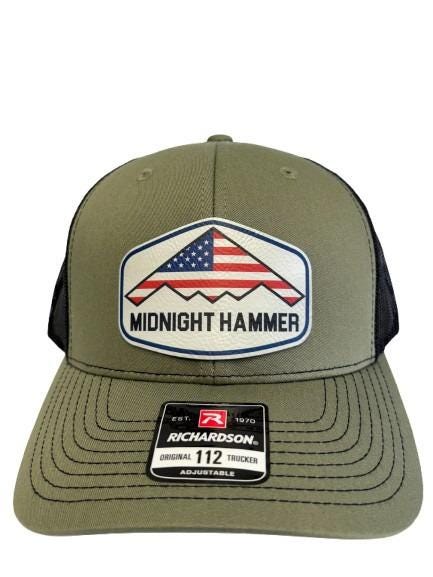 Midnight Hammer B-2 Stealth Jet Hat: Patriotic USA Flag Leather Patch Trucker