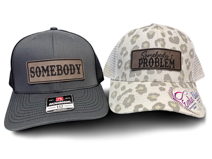 Matching Couples Trucker Hats: Somebody's Problem Ponytail and Somebody, Laser Engraved Leatherette Patch Men & Women Couple Hats