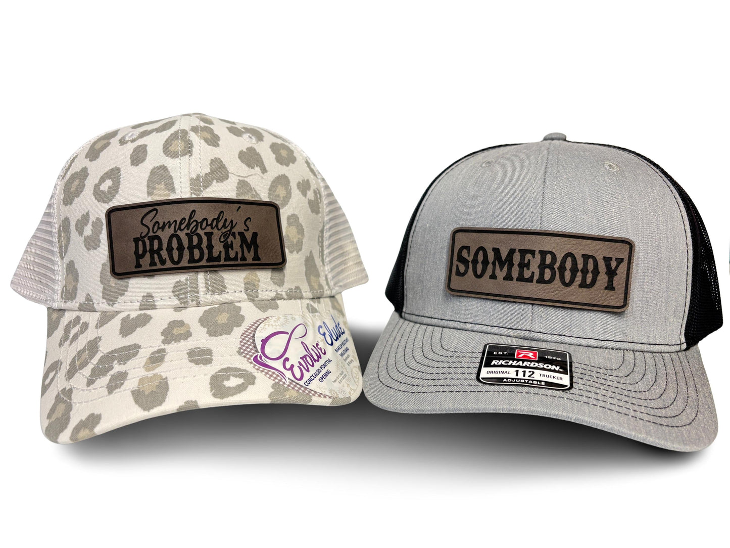 Matching Couples Trucker Hats: Somebody's Problem Ponytail and Somebody, Laser Engraved Leatherette Patch Men & Women Couple Hats