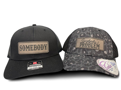 Matching Couples Trucker Hats: Somebody's Problem Ponytail and Somebody, Laser Engraved Leatherette Patch Men & Women Couple Hats