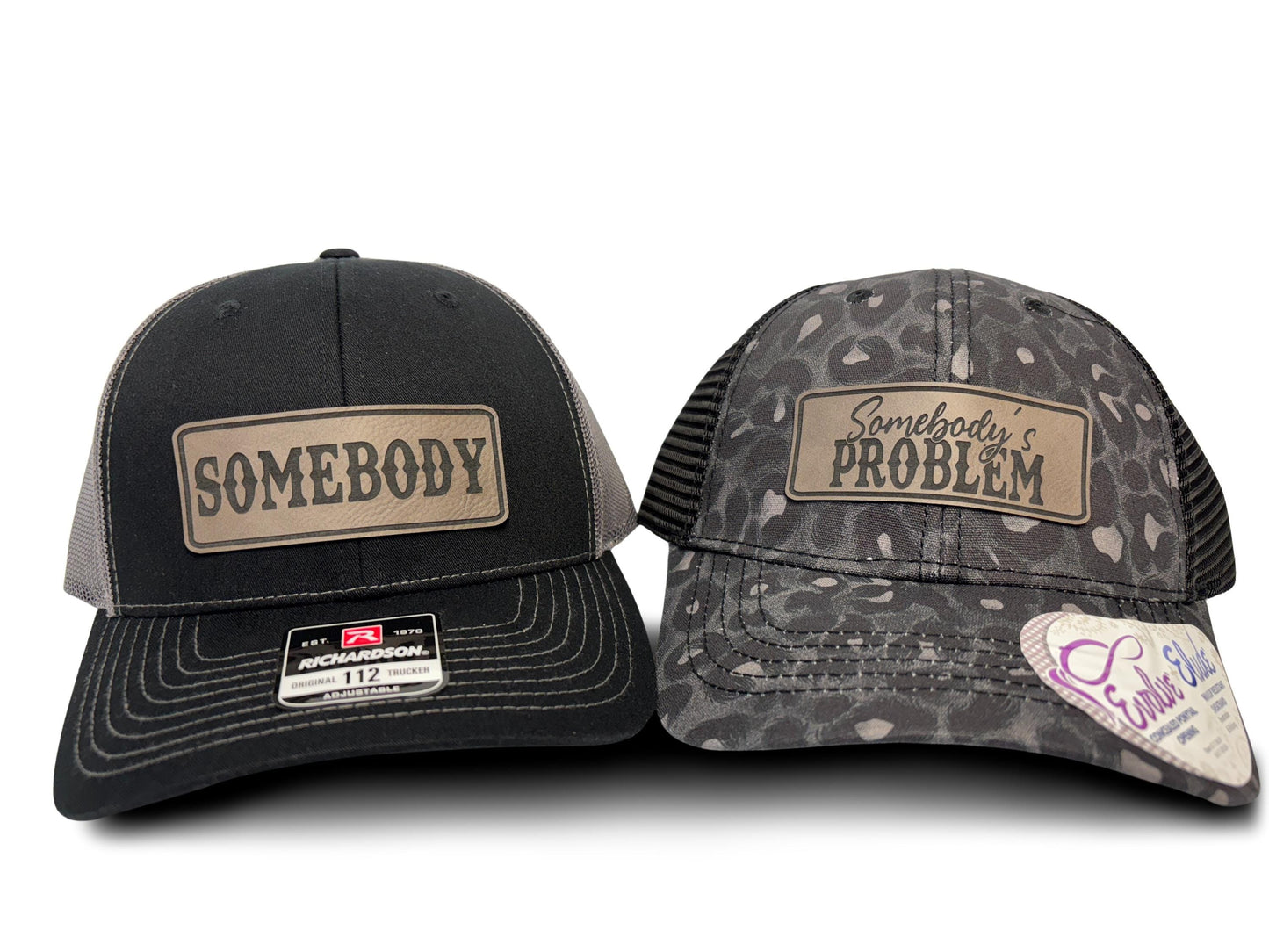 Matching Couples Trucker Hats: Somebody's Problem Ponytail and Somebody, Laser Engraved Leatherette Patch Men & Women Couple Hats