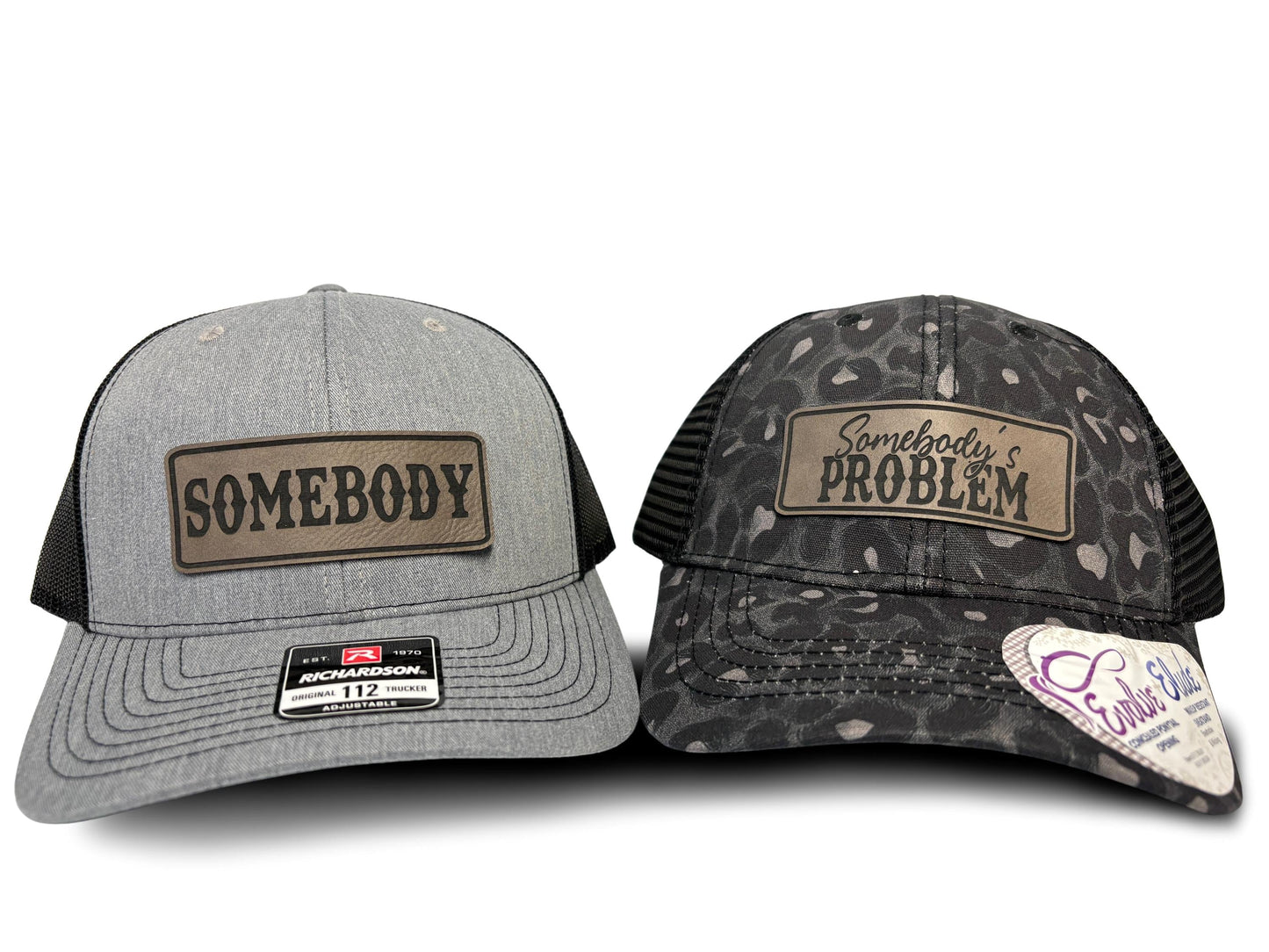 Matching Couples Trucker Hats: Somebody's Problem Ponytail and Somebody, Laser Engraved Leatherette Patch Men & Women Couple Hats
