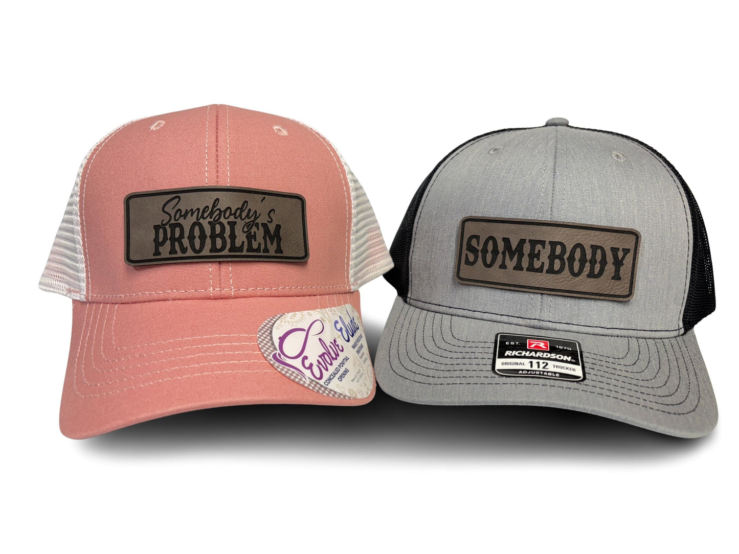 Matching Couples Trucker Hats: Somebody's Problem Ponytail and Somebody, Laser Engraved Leatherette Patch Men & Women Couple Hats