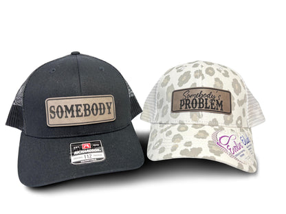 Matching Couples Trucker Hats: Somebody's Problem Ponytail and Somebody, Laser Engraved Leatherette Patch Men & Women Couple Hats