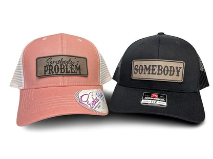 Matching Couples Trucker Hats: Somebody's Problem Ponytail and Somebody, Laser Engraved Leatherette Patch Men & Women Couple Hats