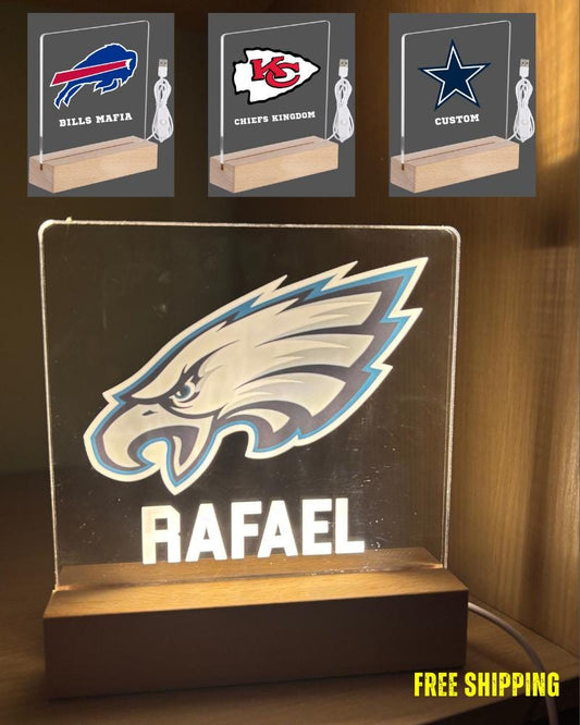 Night Light LED Table Desk Lamp Sport Fan Wood Stand American Football Player Team Bedroom Room Decor, Personalized FREE Name Engraved Gift