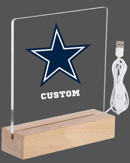 Night Light LED Table Desk Lamp Sport Fan Wood Stand American Football Player Team Bedroom Room Decor, Personalized FREE Name Engraved Gift