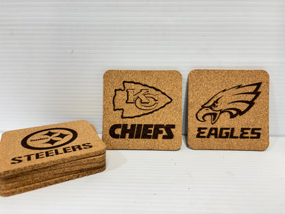 Football Engraved Cork Coaster Set of 6– 4” Square Cork Coasters – Custom Team Gift – Sports Bar Decor – Game Day Drink Coasters