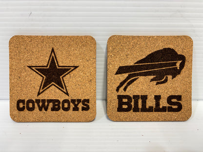 Football Engraved Cork Coaster Set of 6– 4” Square Cork Coasters – Custom Team Gift – Sports Bar Decor – Game Day Drink Coasters
