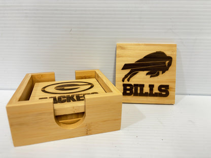 Football Engraved Bamboo Coaster Set of 4 – 4” Square Bamboo Coasters – Custom Team Gift – Sports Bar Decor – Game Day Drink Coasters