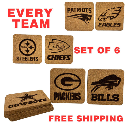 Football Engraved Cork Coaster Set of 6– 4” Square Cork Coasters – Custom Team Gift – Sports Bar Decor – Game Day Drink Coasters