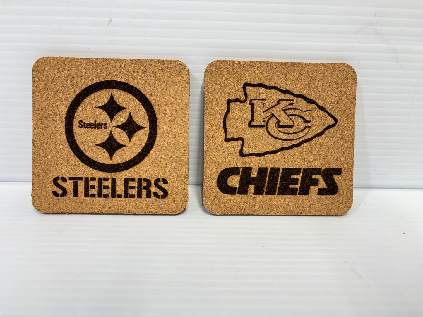 Football Engraved Cork Coaster Set of 6– 4” Square Cork Coasters – Custom Team Gift – Sports Bar Decor – Game Day Drink Coasters