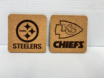 Football Engraved Cork Coaster Set of 6– 4” Square Cork Coasters – Custom Team Gift – Sports Bar Decor – Game Day Drink Coasters