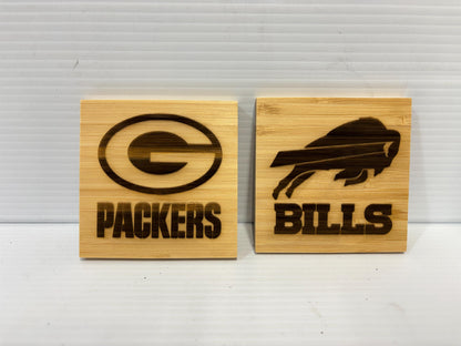 Football Engraved Bamboo Coaster Set of 4 – 4” Square Bamboo Coasters – Custom Team Gift – Sports Bar Decor – Game Day Drink Coasters