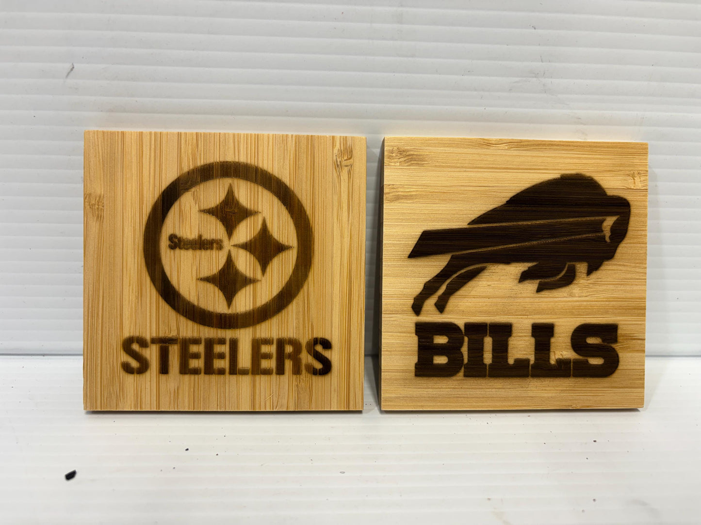 Football Engraved Bamboo Coaster Set of 4 – 4” Square Bamboo Coasters – Custom Team Gift – Sports Bar Decor – Game Day Drink Coasters