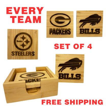 Football Engraved Bamboo Coaster Set of 4 – 4” Square Bamboo Coasters – Custom Team Gift – Sports Bar Decor – Game Day Drink Coasters